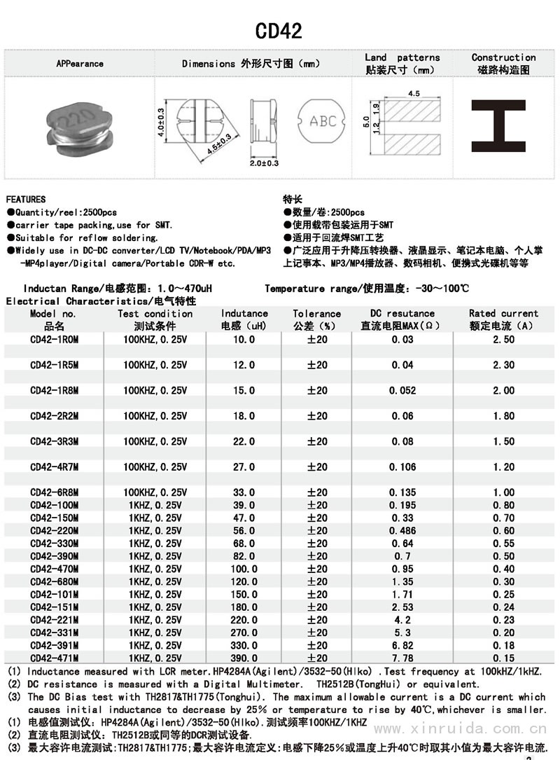 芯瑞达电子,CD42电感,贴片电感,功率电感,绕线电感