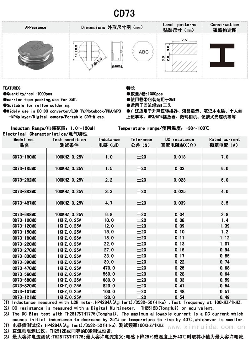 芯瑞达电子,CD73电感,贴片电感,功率电感,绕线电感