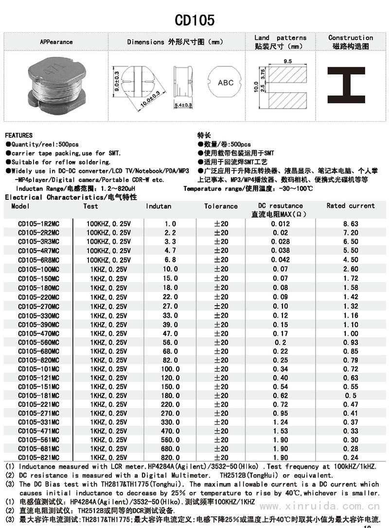 芯瑞达电子,CD105电感,贴片电感,功率电感,绕线电感