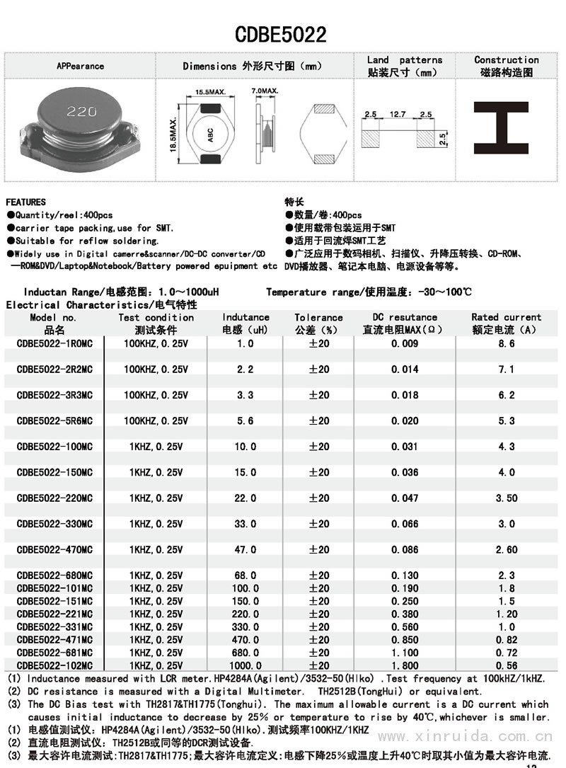 芯瑞达电子,CDBE5022电感,贴片电感,功率电感,绕线电感