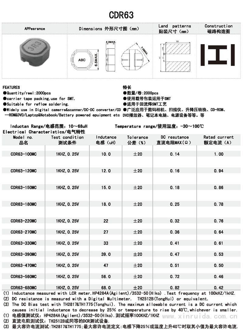 芯瑞达电子,CDR63电感,贴片电感,功率电感,绕线电感