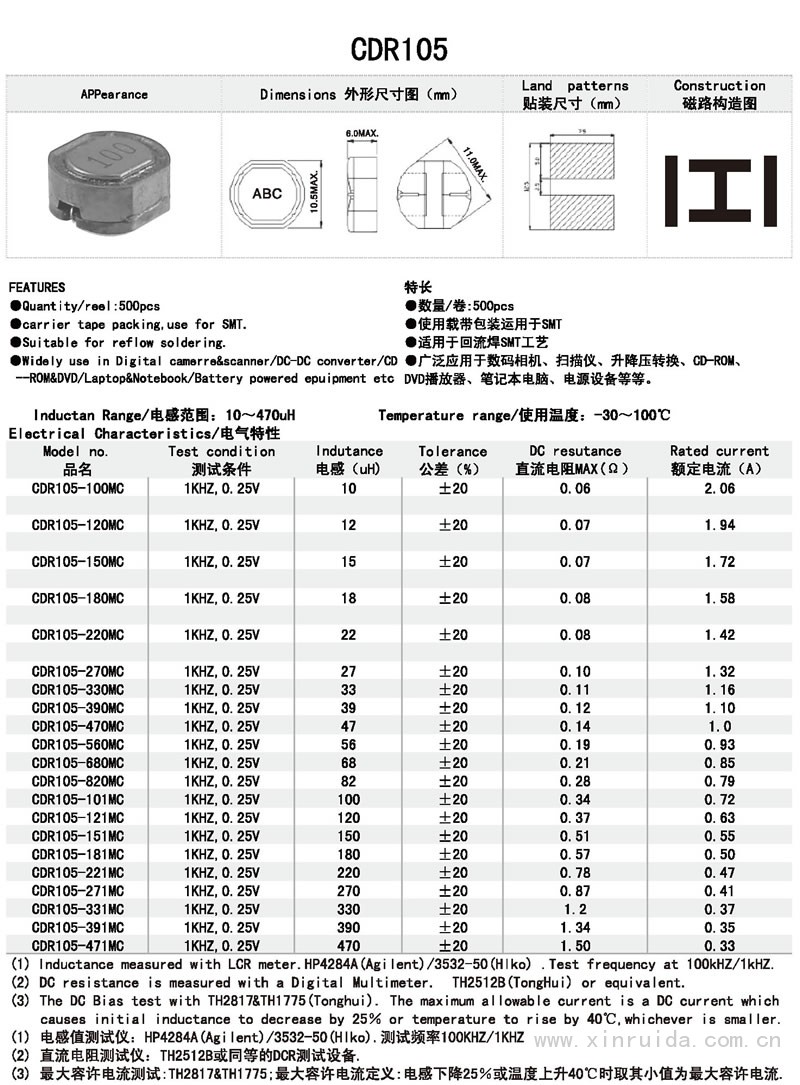 芯瑞达电子,CDR105电感,贴片电感,功率电感,绕线电感