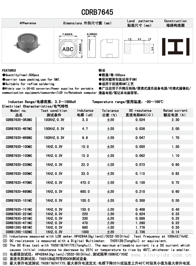 芯瑞达电子,CDRB7645电感,贴片电感,功率电感,绕线电感