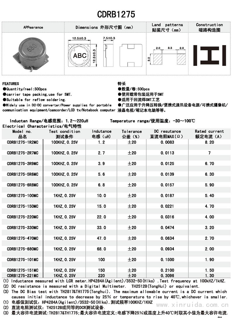 芯瑞达电子,CDRB1275电感,贴片电感,功率电感,绕线电感