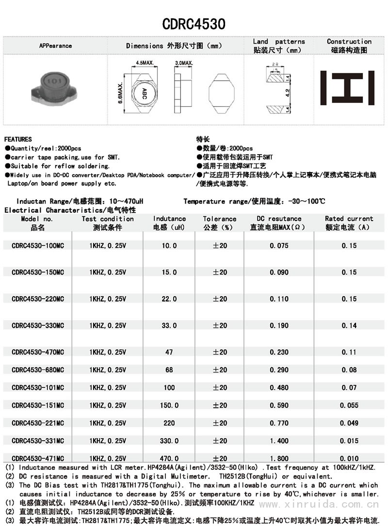 芯瑞达电子,CDRC4530电感,贴片电感,功率电感,绕线电感