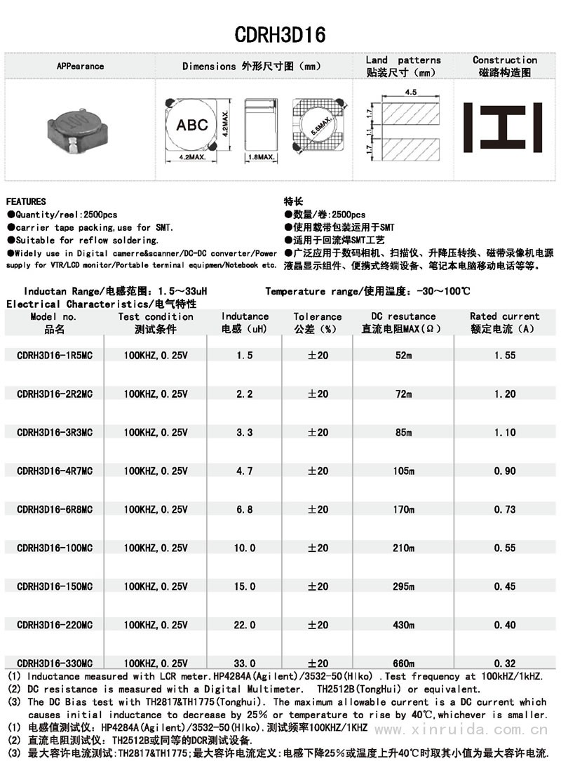 芯瑞达电子,CDRH3D16电感,贴片电感,功率电感,绕线电感