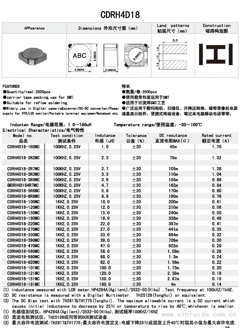 芯瑞达电子,CDRH4D18电感,贴片电感,功率电感,绕线电感