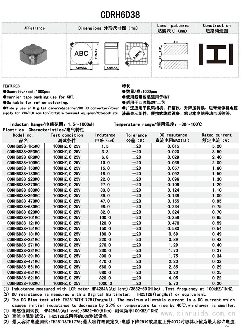 芯瑞达电子,CDRH6D38电感,贴片电感,功率电感,绕线电感