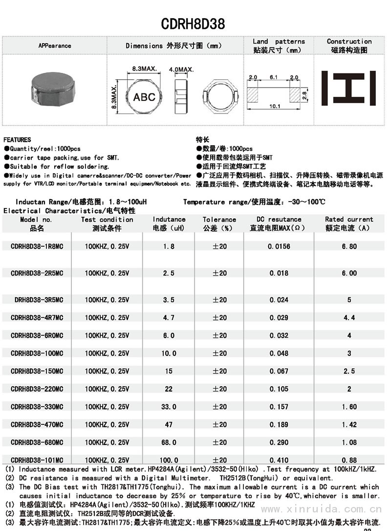 芯瑞达电子,CDRH8D38电感,贴片电感,功率电感,绕线电感