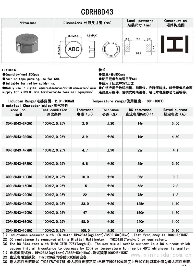 芯瑞达电子,CDRH8D43电感,贴片电感,功率电感,绕线电感