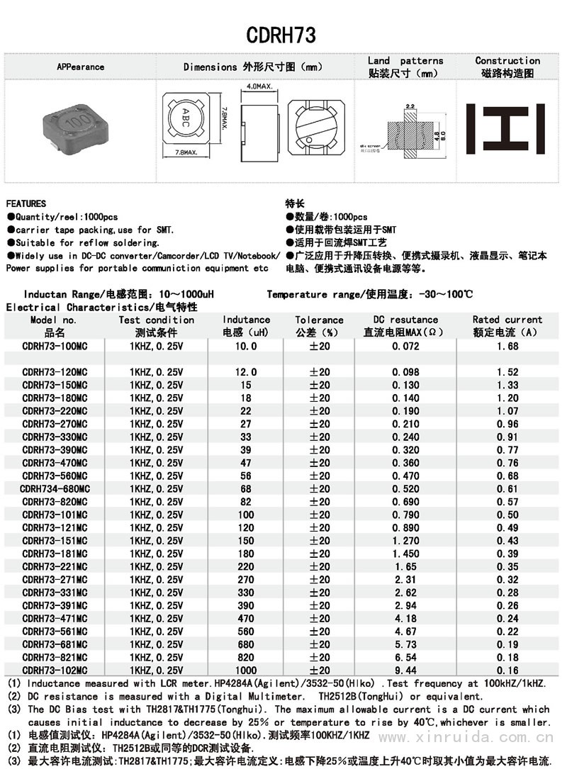 芯瑞达电子,CDRH73电感,贴片电感,功率电感,绕线电感