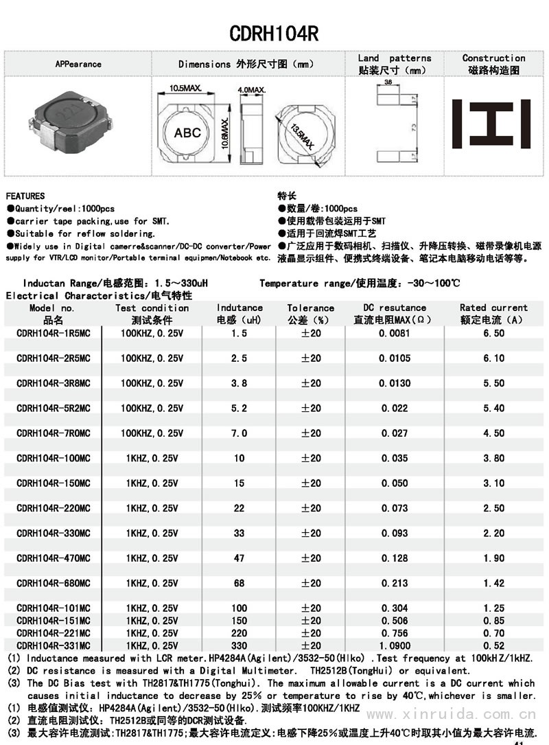 芯瑞达电子,CDRH104R电感,贴片电感,功率电感,绕线电感