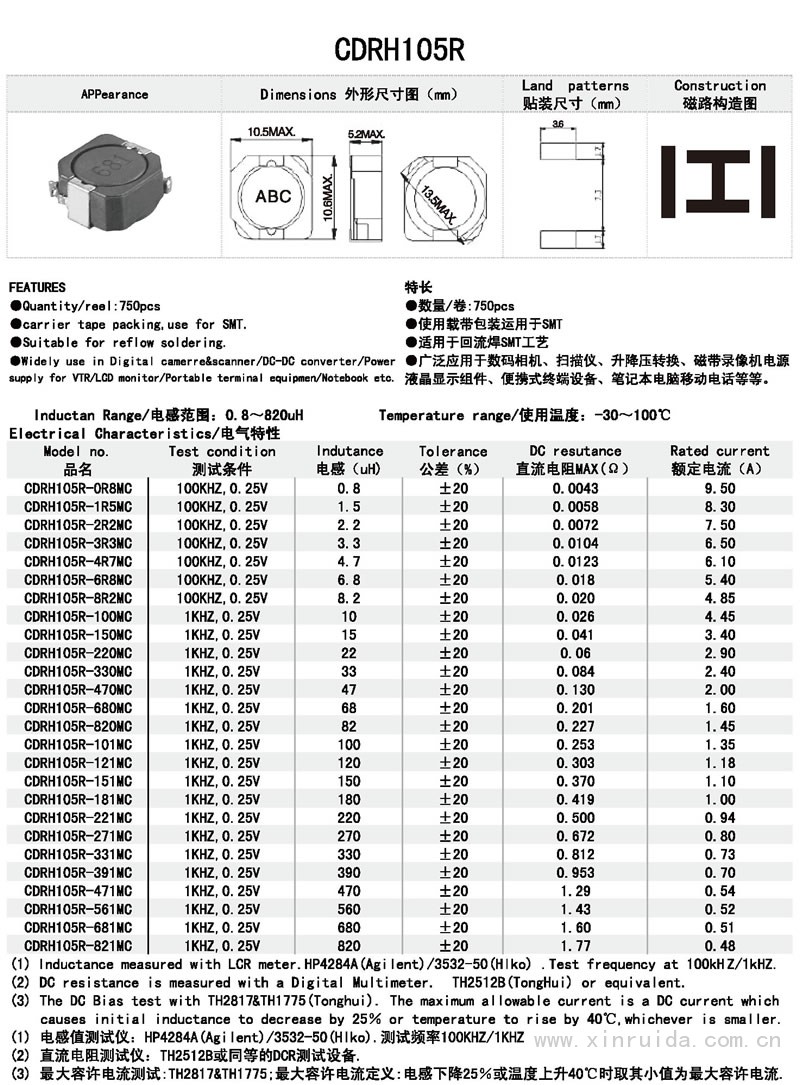 芯瑞达电子,CDRH105R电感,贴片电感,功率电感,绕线电感