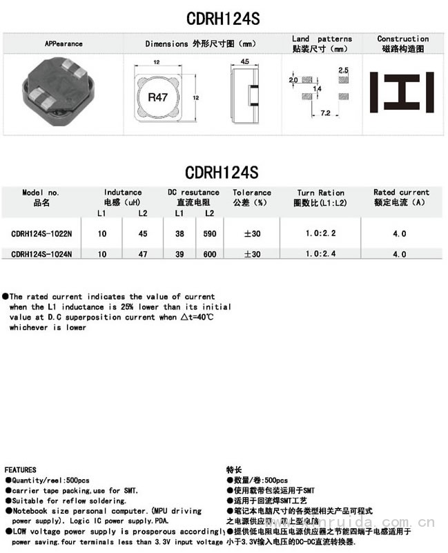 芯瑞达电子,CDRH124电感,贴片电感,功率电感,绕线电感