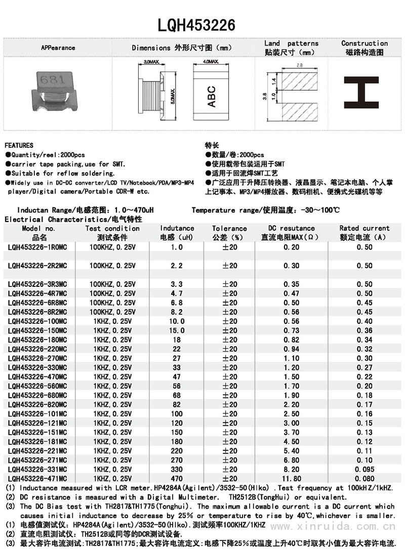 芯瑞达电子,LQH453226电感,贴片电感,功率电感,绕线电感