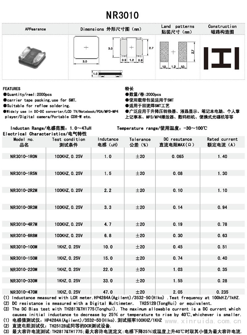 芯瑞达电子,NR3010电感,贴片电感,功率电感,绕线电感