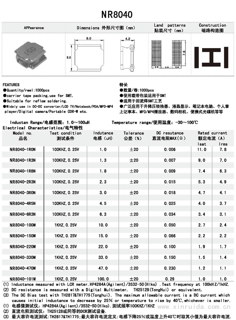 芯瑞达电子,MM8040电感,贴片电感,功率电感,绕线电感