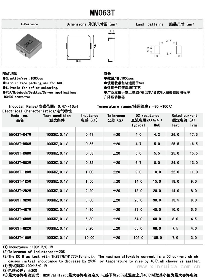 芯瑞达电子,MM063T电感,贴片电感,功率电感,绕线电感