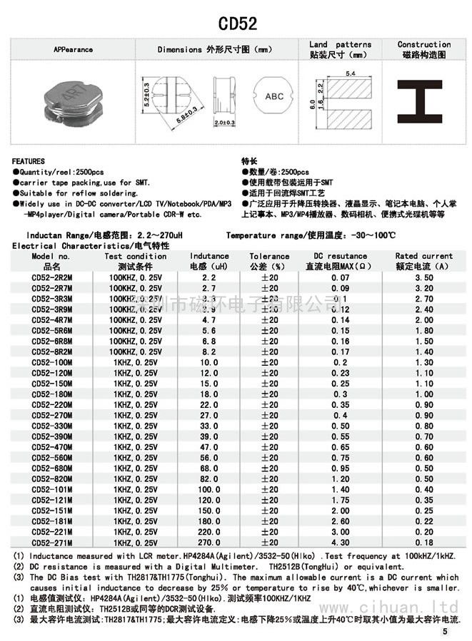 CD52贴片功率电感 