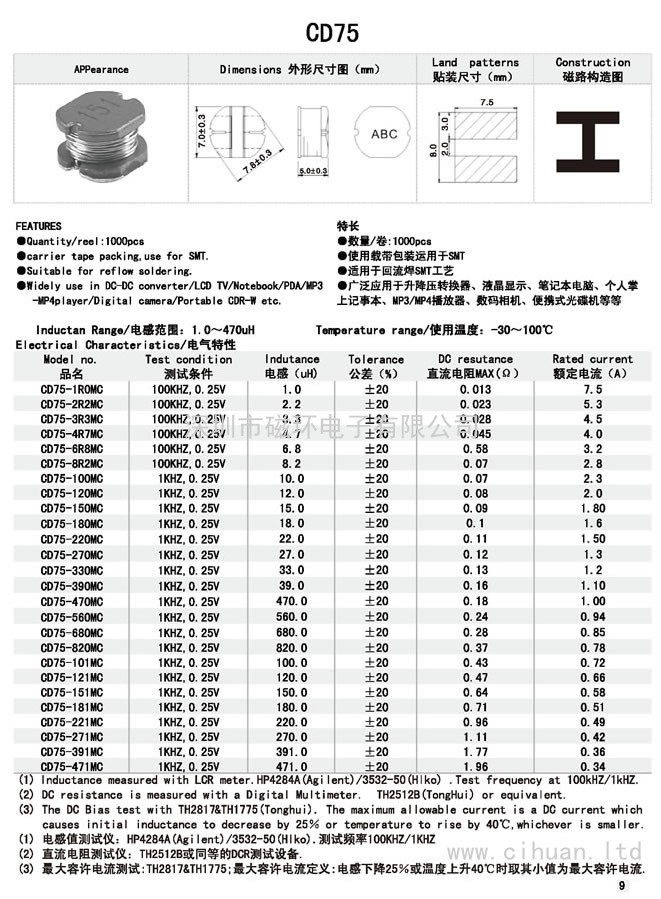 CD75贴片功率电感 