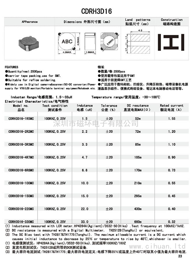 CDRH3D16贴片功率电感 