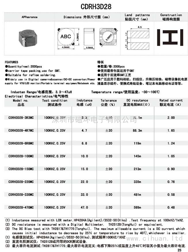 CDRH3D28贴片功率电感 