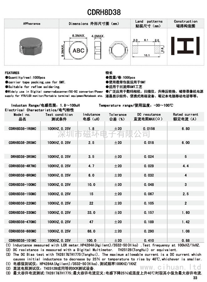 CDRH8D38贴片功率电感 