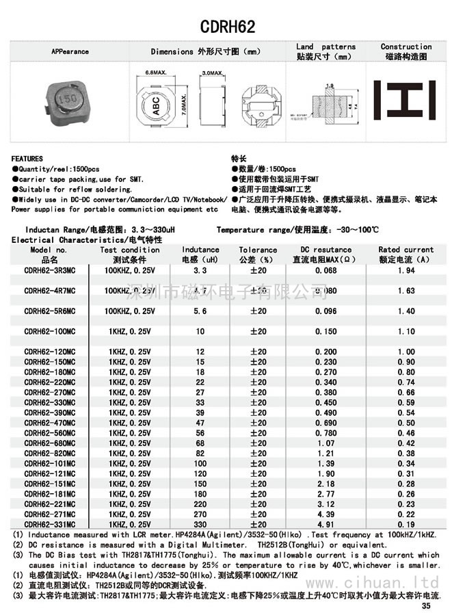 CDRH62贴片功率电感 