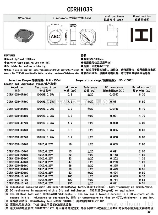 CDRH103R贴片功率电感 