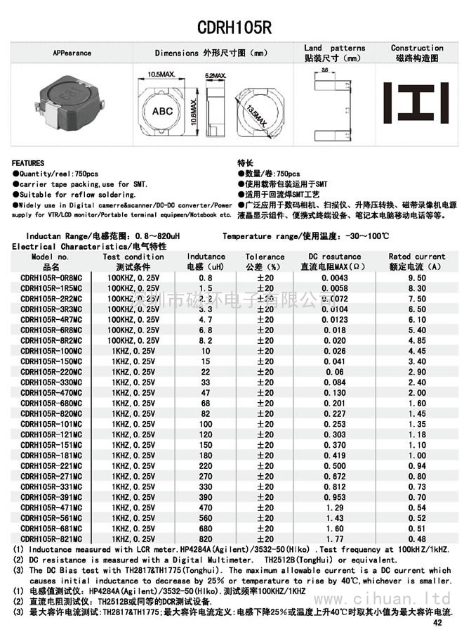 CDRH105R贴片功率电感 