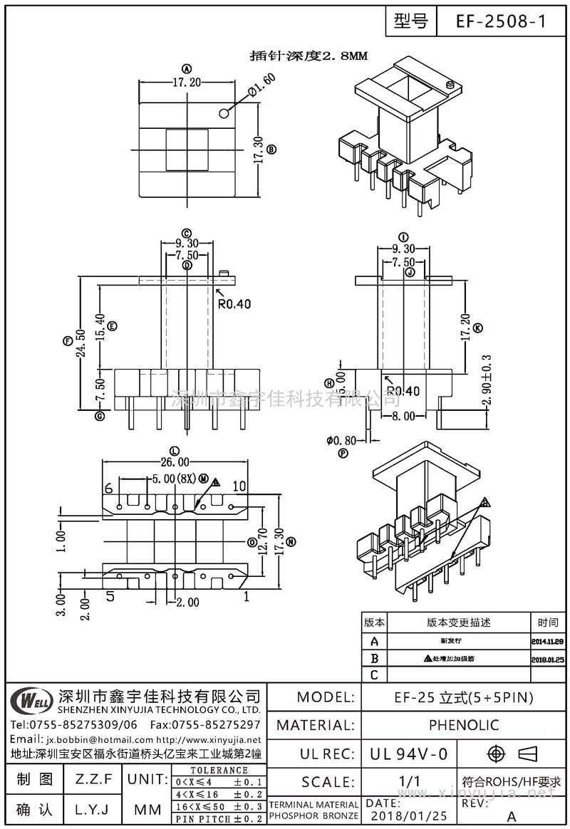 EF-2508-1 EF-25立式(5+5PIN)