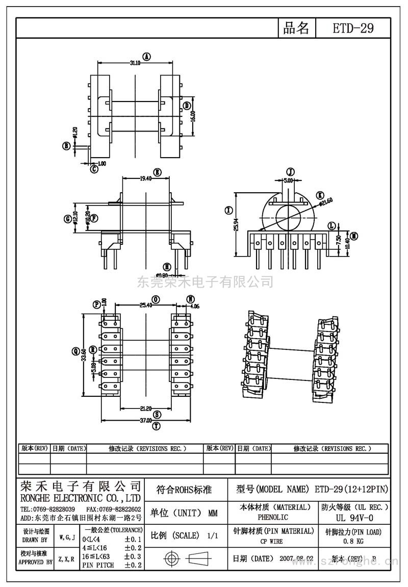 RH-ETD-29/ETD-29卧式 (12+12PIN)