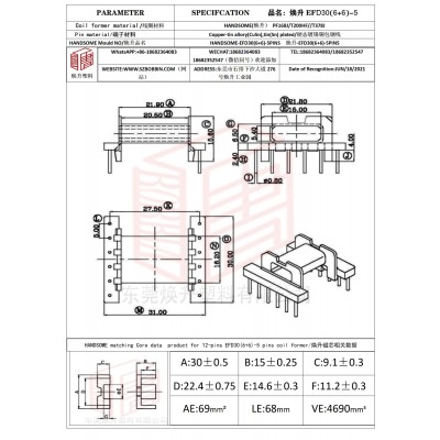 焕升塑料EFD30(6+6)-5高频变压器骨架磁芯BOBBIN图纸