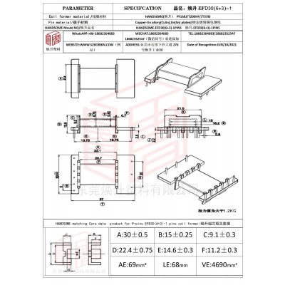 焕升塑料EFD30(6+3)-1高频变压器骨架磁芯BOBBIN图纸