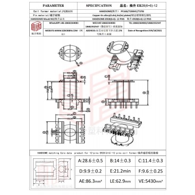 焕升塑料ER28(6+6)-12高频变压器骨架磁芯BOBBIN图纸