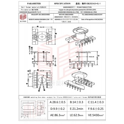 焕升塑料ER2824(6+6)-1高频变压器骨架磁芯BOBBIN图纸