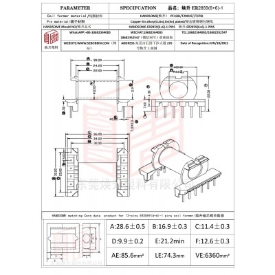焕升塑料ER2859(6+6)-1高频变压器骨架磁芯BOBBIN图纸