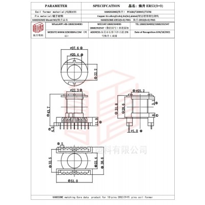 焕升塑料ER53(9+9)高频变压器骨架磁芯BOBBIN图纸